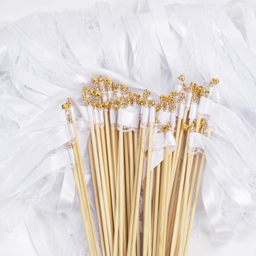 Lot de 50 Baguettes de Mariage, Baguettes de Mariage, Plan de Table, Banderoles de Mariage Avec Grandes Cloches et rubans de Mariage, Baguettes Magiques, De fée en Soie Pour Mariages (Blanc)
