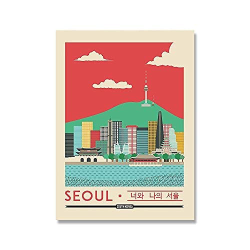 DFRES Seoul City South Korea Tour Reise Poster Und Kunstdrucke Landschaft Leinwand Wand Bilder Cartoon Vintage GemäLde Home Wall Deko Bilder 50x70cmx1 Kein Rahmen Cover