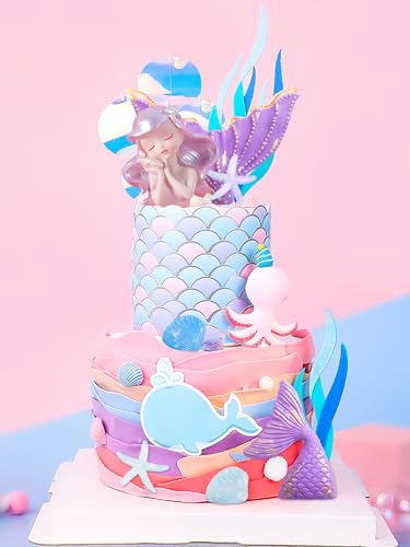 JeVenis Purple Mermaid Cake Toppers - Under the Sea Cake Decoration Set with Seashells, Mermaid Tail, Sea Star Toppers