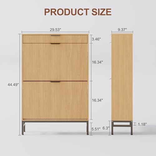 GarveeHome Wave Design Shoe Cabinet with 2 Flip Drawers, a Drawer, Fluted Shoe Cabinet Modern Narrow Shoe Storage, Wooden Shoe Organizer with Large Capacity, Hidden Shoe Racks for Entryway, Wood