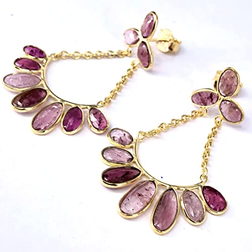 Natural Pink Tourmaline Gemstone Gold Drop Dangle Earrings (24K Gold Pleted) #TOP2