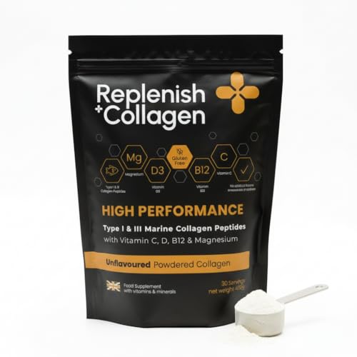 30 Servings - Replenish Collagen Marine 15,000mg (480g) Collagen Powder - Unflavoured Protein Powder with Vitamin C, D3, B12 & Magnesium, Collagen Peptides Protein Powder for Skin, Hair & Joint Health