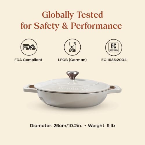 Image of CUMIN CO. Cast Iron Braiser | 26cm, 2.5L (Serves 5-6) | Non Toxic Cooking Pot with Lid | Patented Enamel Coating | FDA Compliant | Induction & Oven Safe | White