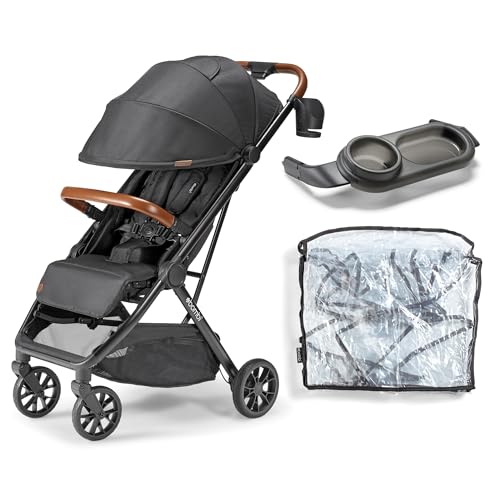 Image of Bombi Bēbee V2 Stroller Bundle - Hickory Lightweight Stroller with Snack Tray & Rain Cover, One-Hand Fold, All-Terrain Suspension, UV-Protective Fabrics, BPA-Free Tray & Weather Shield