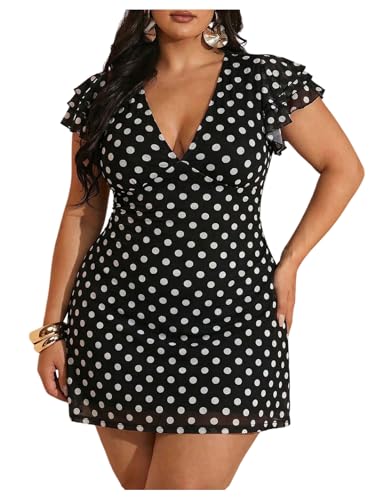 Image of BEAUDRM Women's Plus Size Cocktail Floral Short Dress Deep V Ruffle Short Sleeve Bodycon Mesh Wedding Guest Party Dresses