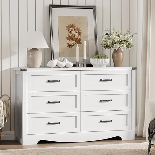 Image of Dresser for Bedroom with 6 Drawers, 48 inch Wide Modern Chest of Drawers with Deep Drawers & Mental Handle, Wood Dresser TV Stand, Wooden Closet Storage Organizer for Living Room, Hallway, Entryway, White