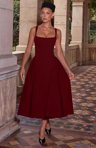Image of Memoriesea Women's Elegant Square Neck Swing A Line Wedding Evening Party Midi Dress