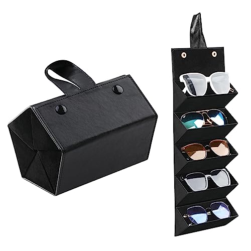 MoKo Sunglasses Organizer with 5 Slots, Travel Glasses Case Storage Portable Sunglasses Storage Case Bag Foldable Eyeglasses Holder Box Eyewear Display Containers for Women Men, Black - Black Lining