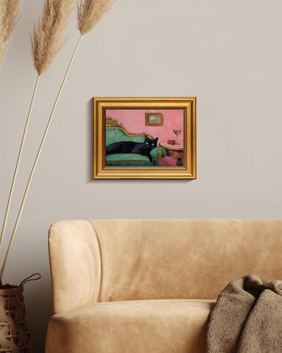 Image of VIYYIEA Vintage Gold Framed Wall Art for Living Room, Black Cat Canvas Prints Home Decor, Oil Painting Picture, Bedroom Wall Decor Gifts for Friends or Family -【Lying Cat】-(10L x 8W)