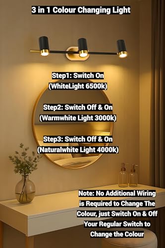 Image of FILLISKA 3 in 1 Double Wall spot /Picture /Display /Mirror Light with Adjustable Head and Colour Changing Function (3 Way MattBlack & Gold-085)
