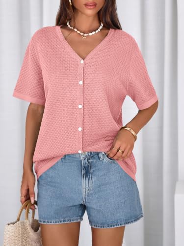 Image of NALANISA Women's Short Sleeve Sweater Spring Summer Crochet Knit Tops 2026 V Neck Striped Button Down Dressy Casual Blouses