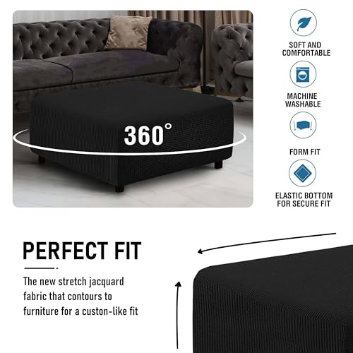 qiden Square Footstool Cover Jacquard Plush Thicker Large Stretch Pouffe Cover Anti-Slip Ottoman Slipcovers With Elastic Bottom, Machine Washable-Black-XLarge - Cosy Home Interiors qiden Square Footstool Cover Jacquard Plush Thicker Large Stretch Pouffe Cover Anti-Slip Ottoman Slipcovers With Elastic Bottom, Machine Washable-Black-XLarge - Image 4