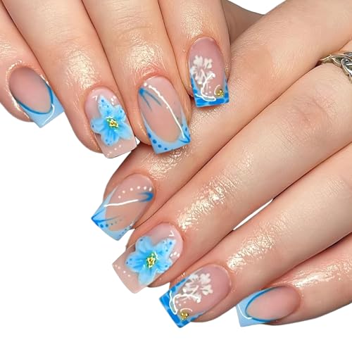 Rainway 24 Ongles à Coller, Ongles Courts Carrés Bleus à Fleurs avec Motif Floral Doré en Strass, Ongles Artificiels, Faux Ongle Réutilisables pour Femmes