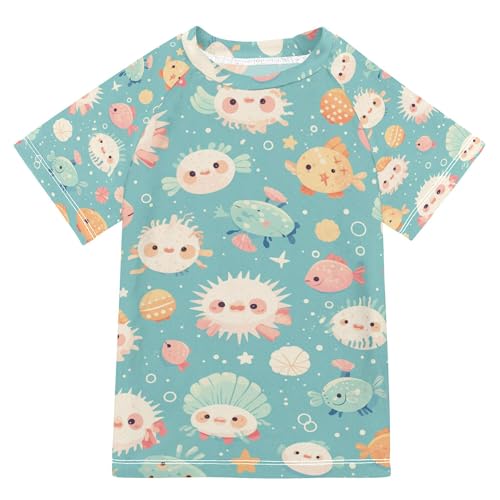 Colorful Pufferfish Girls Bathing Suit Sun Protection Girls Rashguard Swimwears Baseball Shirts for Little Boy 5-6T
