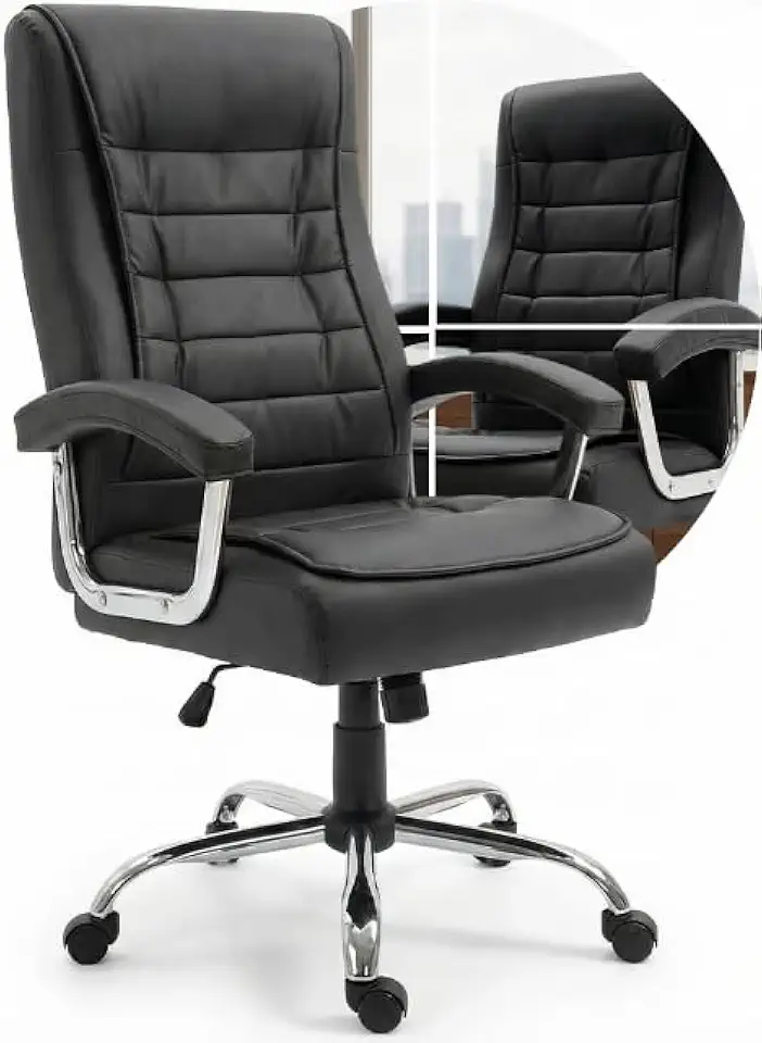 Cadeira Presidente Luxo Escritório com Molas Ensacadas, Couro PU Preto e Sistema Relax 120° com Trava