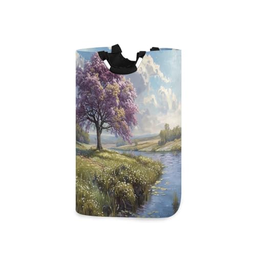 Jihqo Laundry Hamper Basket Tree River Landscape Collapsible Nursery Storage Bin Waterproof Clothing Baskets for Home Bedroom Bathroom Washing Room