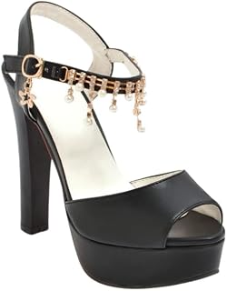 JKaur® Rhinestone Pearl Chain Women's Sandals | Thick Heel Sandals with Back Strap Fashion Block Heel Footwear | Black - 36 Price In India