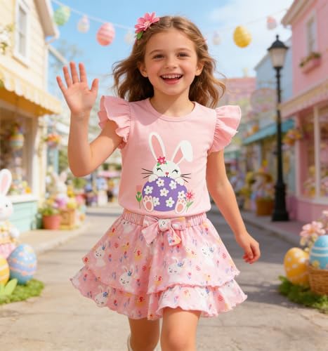 Image of Girls Skirt Set 2 Piece Outfit Toddler Summer Clothes Ruffle Sleeve T-Shirt Bow Knot Tutu Skirt Outfit Set
