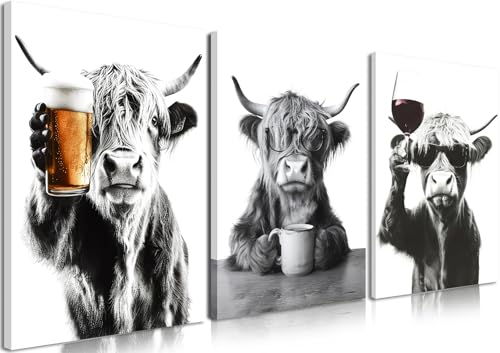 Funny Highland Cow Canvas Wall Art Set of 3, Black and White Cow Wall Decor Paintings, Farm Animal Poster Pictures Prints Vintage Rustic Farmhouse Home Decor for Bar Kitchen Dining Room 16x24 Inch