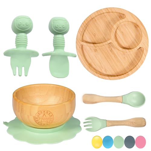 77 Star Bamboo Baby Weaning Set, Baby Suction Bowl, Suction Plate Baby, Spoon & Fork, Strong Detachable Suction Base Baby Feeding Set, Non-Slip Bamboo Bowl & Baby Plates with Suction (Mist 1)