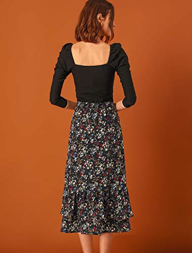 Allegra K Women's Printed Elastic Waist Tiered Ruffle Hem Flowy Midi Skirt X-Small Black-Floral #TOP4