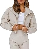 UANEO Womens Cropped Puffer Jacket Stand Collar Zip Up Winter Padded Down Coats (Khaki, X-Small)