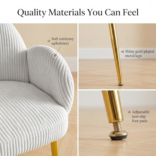 Image of Eifizek Home Office Chair Set of 2, Modern Corduroy Upholstered Vanity Desk Chair with Gold Legs for Girls Women, Ergonomic Padded Backrest for Living Room, Grey