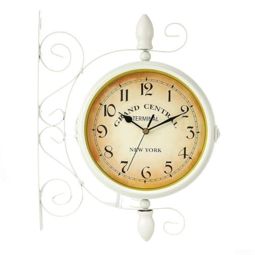 SageFurned Orologio da parete bianco vintage da giardino impermeabile su entrambi i lati design europeo retrò numeri arabi a batteria 36 x 28 cm decorazione per la casa costruzione in vetro plastica