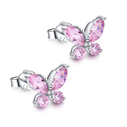 Pendientes de mariposa rosa en plata 925 TANGPOET con caja de regalo para mujer