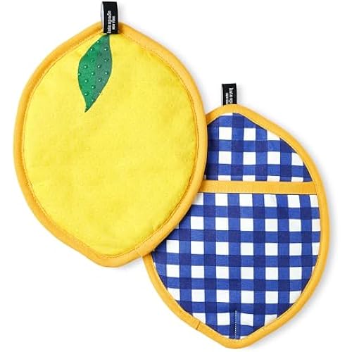 kate spade new york Lemon Party and Spring Gingham Pot Holder 2-Pack Set, Heat Resistant, 100% Cotton, Navy Blue/Yellow, 7"x10"