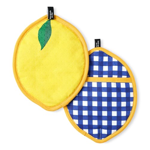 kate spade new york Lemon Party and Spring Gingham Pot Holder zestaw 2 sztuk, żaroodporny, 100% bawełna, granatowy/żółty, 17,8 cm x 25,4 cm