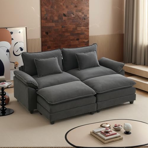 OQQOEE Modular Sectional Sofa, Cloud Couch with Ottoman, Deep Seat L Shaped Velvet Sofa Couches for Living Room Apartment (Dark Grey, Loveseat & 2 Ottoman)