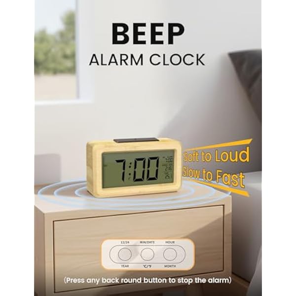 aboveClock Цифровой будильник из дерева с большим дисплеем для отображения температуры, настольные часы с функцией повтора будильника, датой и регулировкой яркости, подходящие для прикроватного столика и офиса (бамбук, требуются 3 батарейки AAA)