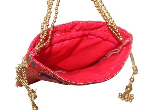 Image of MILAN'S CREATION Potli Banarasi Silk Brocade Bag Purse Drawstring Women's handbag with Pearl Handle & Tassel Weddings