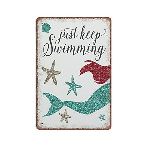 DAIERCY Vintage Metal Tin Sign Little Mermaid - Teal Aqua Red Ocean Sea Nautical - Just Keep Swimming Funny Retro Wall Art for Kitchen Bathroom Home Decor Gifts Sign 140x200 mm