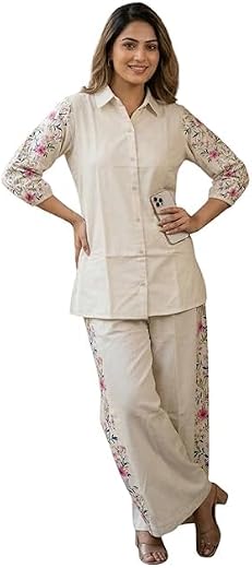 Harexen Women Co Ords Set Cotton Linen Shirt and Palazzo Co Ord Set for Women Stylish with Printed Sleeve and Side Panel D...