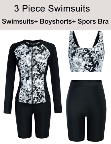 Image of JACK SMITH Women's 3 Piece Long Sleeve Rash Guard Swimsuits Zip Front Bathing Suit Tankini Swimsuits UPF 50