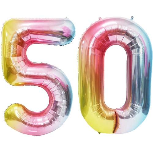 Image of Rainbow Number Balloons Birthday Balloons - Giant Number 50 Balloon 40 inch, Numbers Balloon Birthday Decorations, Rainbow Party Supplies for Baby Shower