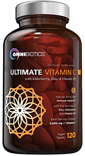 Ultimate Vitamin C 2000 mg with Full Servings of Zinc, Elderberry, & Vitamin D3 - Advanced Immune Support & Antioxidant Supplement - 120 Vegan Tablets