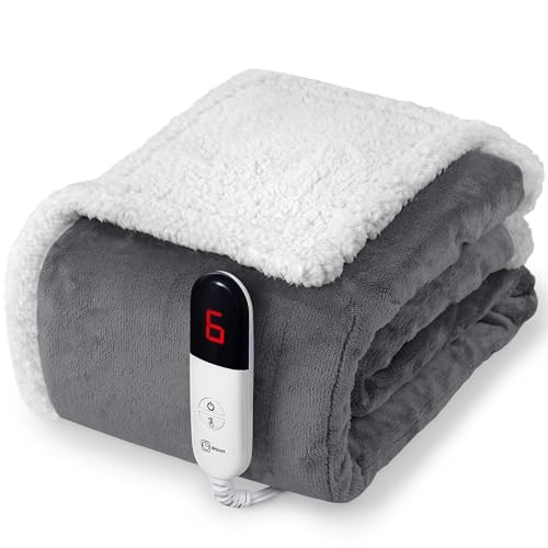 blunique Heated Blanket Twin Size Electric Blanket - Heating Blanket Twin with 6 Heat Levels & 4 Hours Auto-Off, Cozy Soft Fleece Sherpa Blanket, Washable, Fast Heating, 62 x 84 Inches, Grey