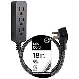 Cordinate Designer Mini 3-Outlet Power Strip, 18 in Braided Extension Cord, Grounded Adapter, Low-Profile Flat Plug, ETL Listed, Black/Dark Heather, 47298