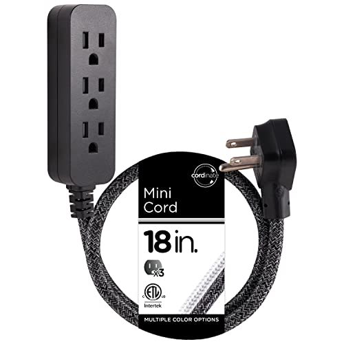Cordinate Designer Mini 3-Outlet Power Strip, 18 in Braided Extension Cord, Grounded Adapter, Low-Profile Flat Plug, ETL Listed, Black/Dark Heather, 47298 by Cordinate - Used condition - US$7.76