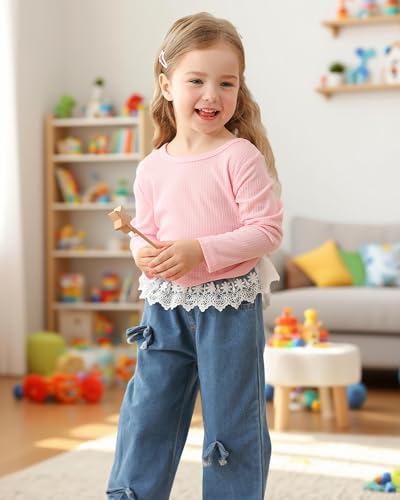 Image of Kucnuzki Toddler Baby Girl Clothes Long sleeve Fall Winter Shirt Tops Baggy Jeans Pants Set Kids Girls Outfits 2 Piece