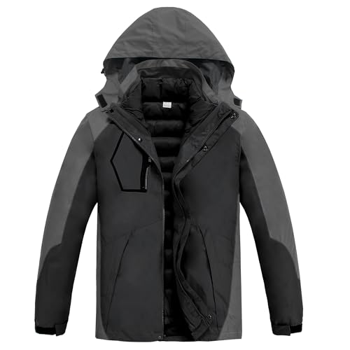 CorBuyit Men's 3 in 1 Waterproof Winter Ski Jacket - Windproof Snowboarding Jackets with Detachable Puffer Coat for Maximum Warmth and Comfort Black-Grey XXL