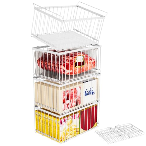 Image of Large Freezer Organizer Bins, Upgrade Quick Expand /Collapse Feature, for 5-9 Cu.Ft Deep Freezer, 4 Pack Stackable Deep Freezer Organizer Bins, Black Wire Foldable Baskets White 4 Pack