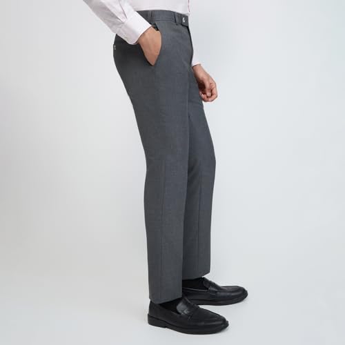 Image of Raymond Men Slim Fit Structure Pattern Polyester Blend Flat Front Formal Trouser Dark Grey