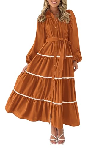 PRETTYGARDEN Womens Casual Dresses Loose Belted Long Lantern Sleeve Tiered Button Down Maxi Shirt Dress with Pockets
