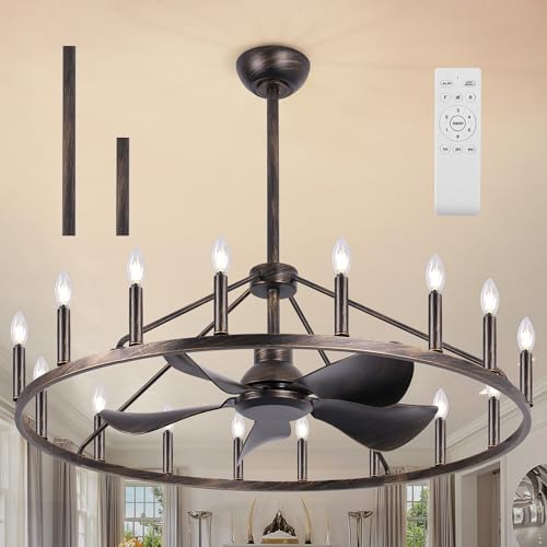REDSTAR 43" Rustic Wagon Wheel Chandelier Fan with Remote 16-Light by REDSTAR - Used condition - US$253.92