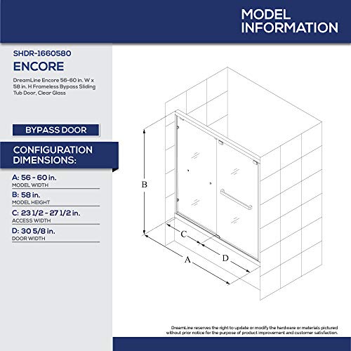 DreamLine Encore 56-60 in. W x 58 in. H Semi-Frameless Bypass Tub Door in Satin Black, SHDR-1660580-09