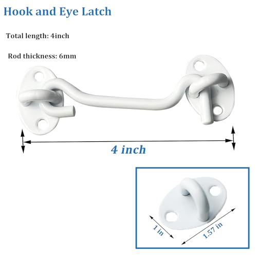 M MIMHOOY 2 Pack Hook and Eye Latch for Door 4 inch White, Stainless Steel Barn Door Lock Solid Thicken Gate Latch for Door, Windows, Sheds, Fences, Gates